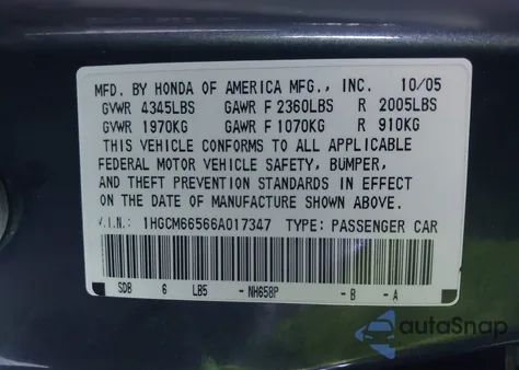 2006 Honda Accord 3.0 Ex z USA, uszkodzony, nr VIN 1HGCM66566A017347